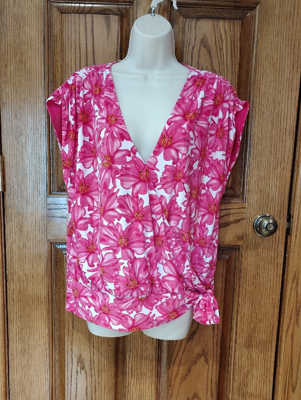 INC International Concepts Pink Floral V-Neck Blouse w/Side Tie XL